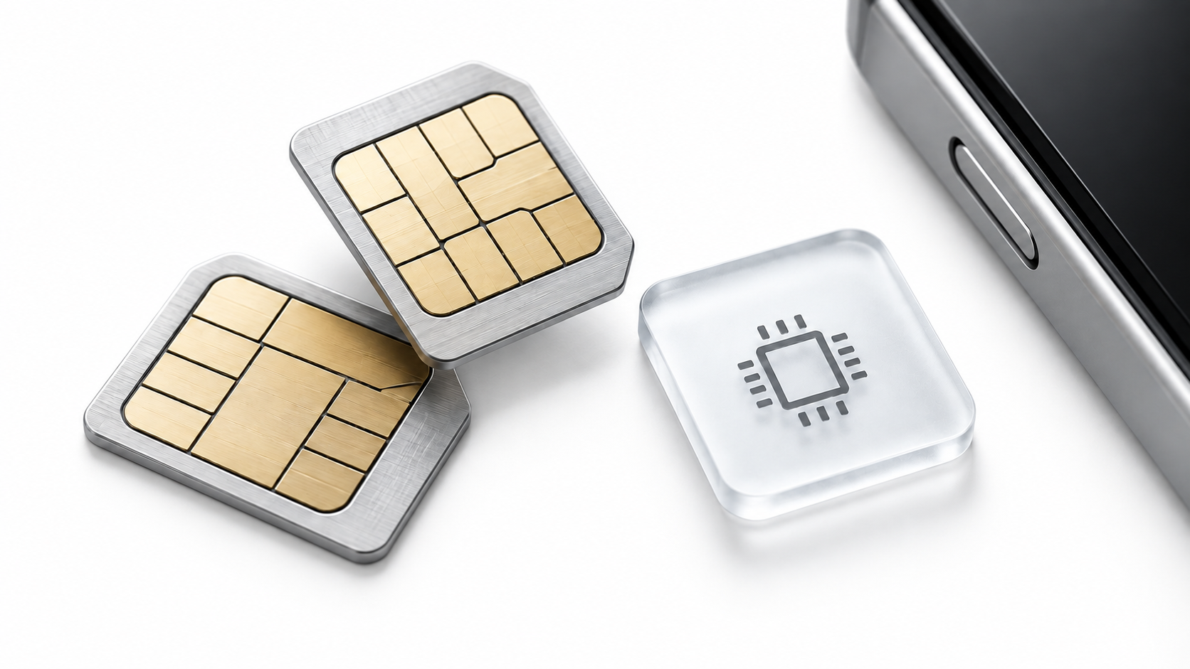 SIM-карты и символ eSIM рядом с iPhone на белом фоне
