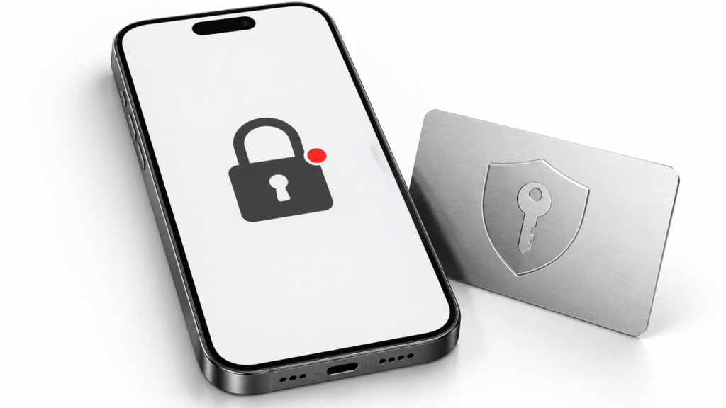 Заблокированный iPhone и символ восстановления доступа на белом фоне
