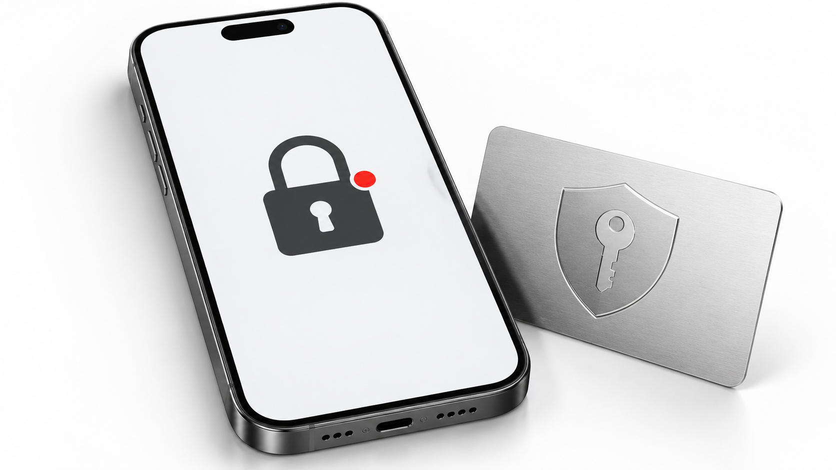 Заблокированный iPhone и символ восстановления доступа на белом фоне